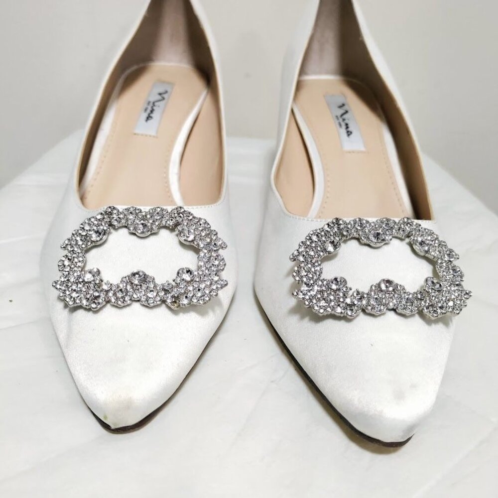 Nina Neya Satin Mid-Heel Wedding Dainty Lux Twee Pump W/ Jeweled Buckle Ivory 10 - Picture 4 of 13